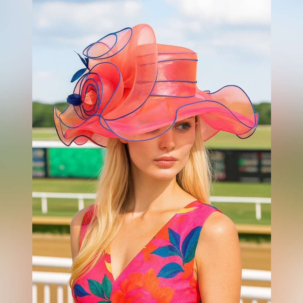 Kentucky Derby Hat Pink Orange & Blue Women's Wide Brim Organza Floral Feathers